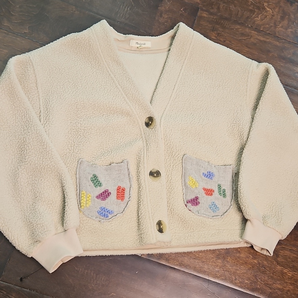 Madewell Embroidered Patch Pockets Sherpa Cardigan